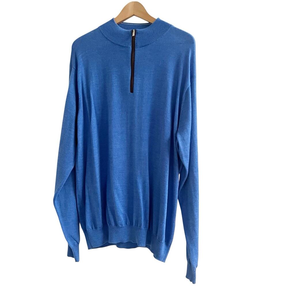 Peter Millar Merino Wool Blend 3/4 Zip Mock Neck Sweater Soft Knit Blue Size XL